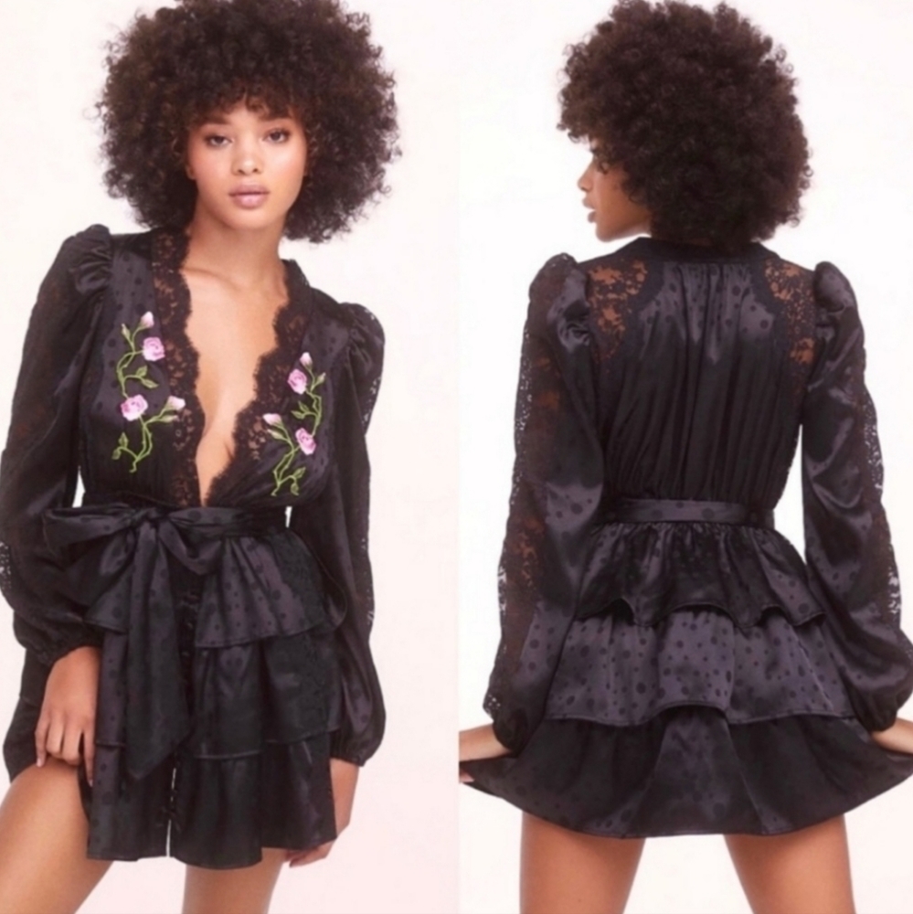 New! For Love and Lemons Black‎ Fluer Embroidered Robe